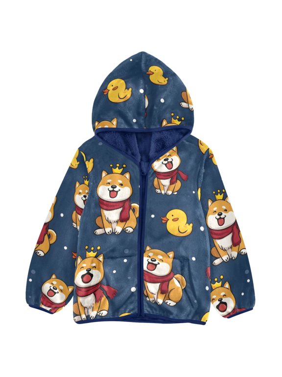 Cute Corgi Dogs Ducks Toddler Fleece Hooded Jacket Zip Warm Coat 3T