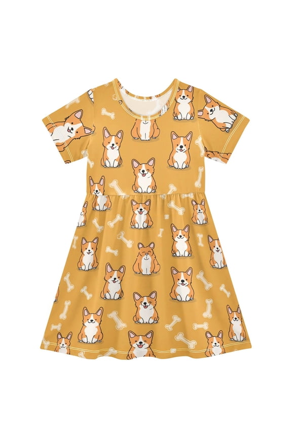 Cute Corgi Dogs Short Sleeve Dress A-Line Cute Midi Casual Sundress 2-8 Years