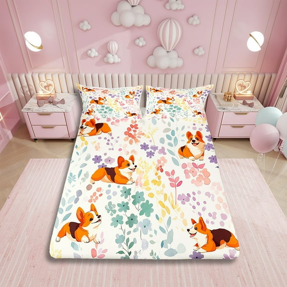 Cute Corgi Full Bed Sheets Set,Rainbow Flower Dog Kawaii Bedding Set Corgi Lovers Gifts for Kids Girls Boys,Colorful Floral Leaf Sheets Animal Print Fitted Sheet Set 4Pcs