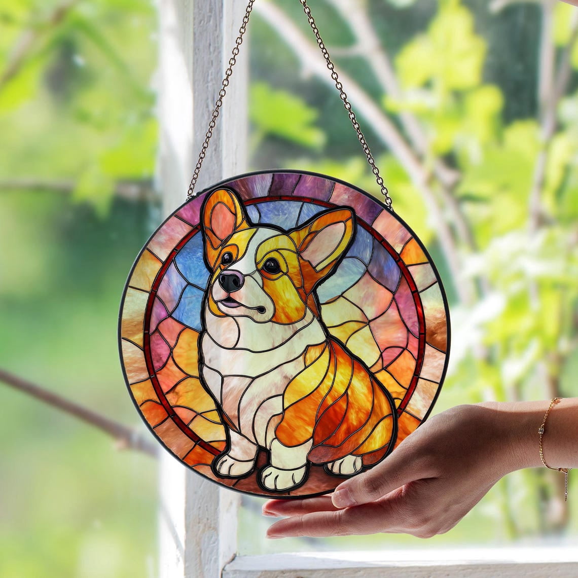 Cute Corgi Glass Suncatcher v2, Adorable Dog Art Panel, Unique Pet Home Decor, 3.5 in