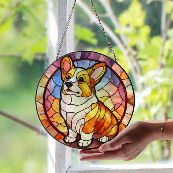 Cute Corgi Glass Window Suncatcher, Adorable Dog Art, Pet Decor, 7.9 in