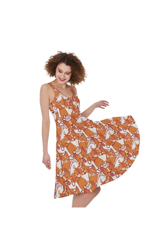 Cute Corgi Pattern Print Sleeveless Knee Length Dress, Dog Pet Lover Fashion Summer Maxi Dress For Women