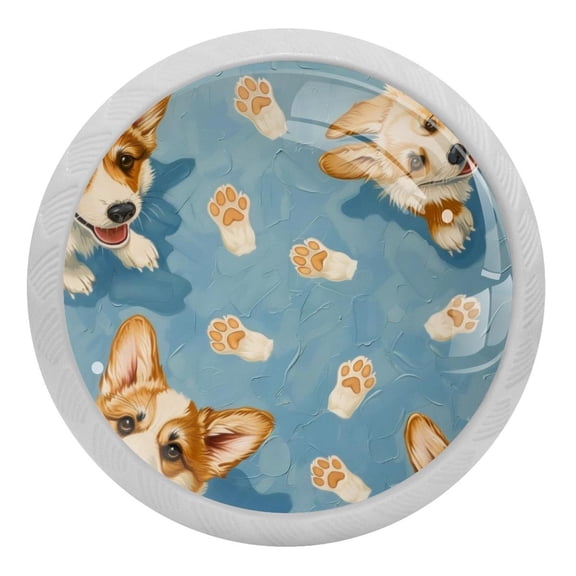 Cute Corgi Pawprints on Blue Glow in The Dark Crystal Glass Cabinet Knobs 4 Pcs Drawer Handles for Kitchen Cabinets Dresser Cupboard Wardrobe