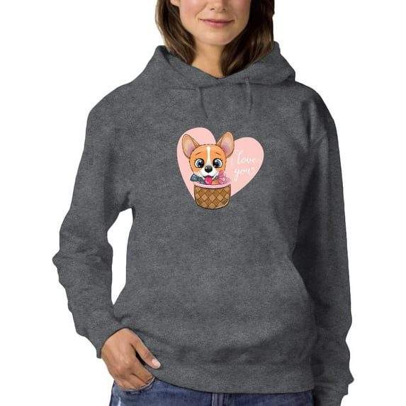 Cute Corgi Pup In A Basket Hoodie Women -Image by Shutterstock, Female Large