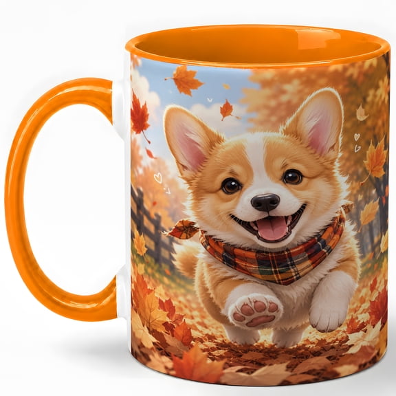 Cute Corgi Puppy Coffee Mug, Fall Leaves Dog Lover Autumn Design, 11 oz Ceramic Cup