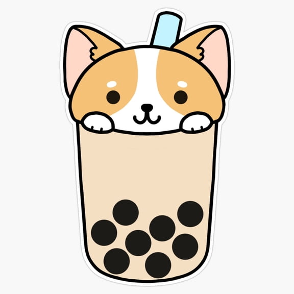 Cute Corgi Puppy Dog Stuffed Inside Sweet Milk Bubble Tea Tapioca Pearl Decal For Kids Water Bottle Sticker