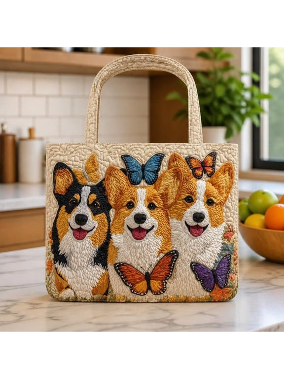 Cute Corgi Quilted Tote Bag, Butterfly and Dog Handbag, Dog Mom Gift Idea, Aesthetic Canvas Shopper, Casual Shoulder Bag for Her