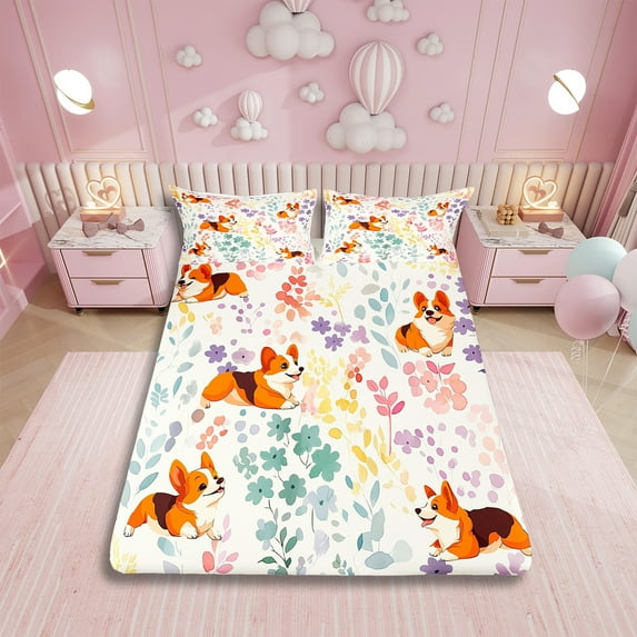 Cute Corgi Twin Bed&nbsp;Sheets Set,Rainbow Flower Dog Kawaii Bedding Set Corgi Lovers Gifts for Kids Girls Boys,Colorful Floral Leaf Sheets Animal Print Fitted Sheet Set 3Pcs