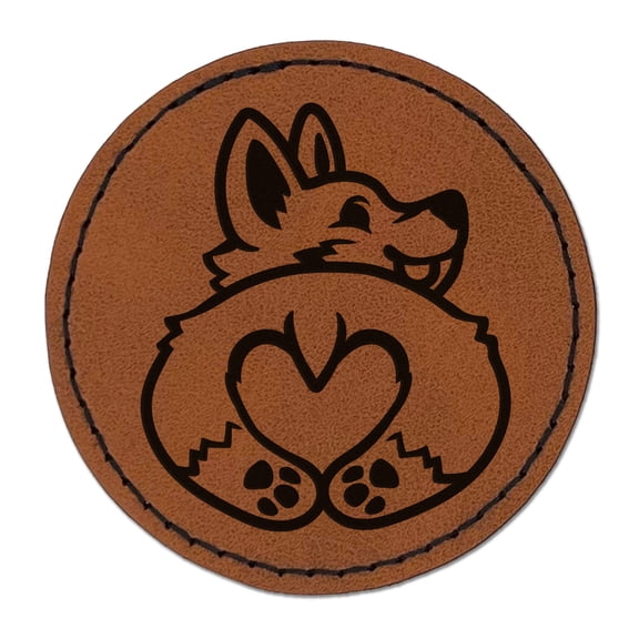 Cute Corgi with a Heart Butt 2.5" Faux Leather Round Engraved Iron-On Patch - Brown