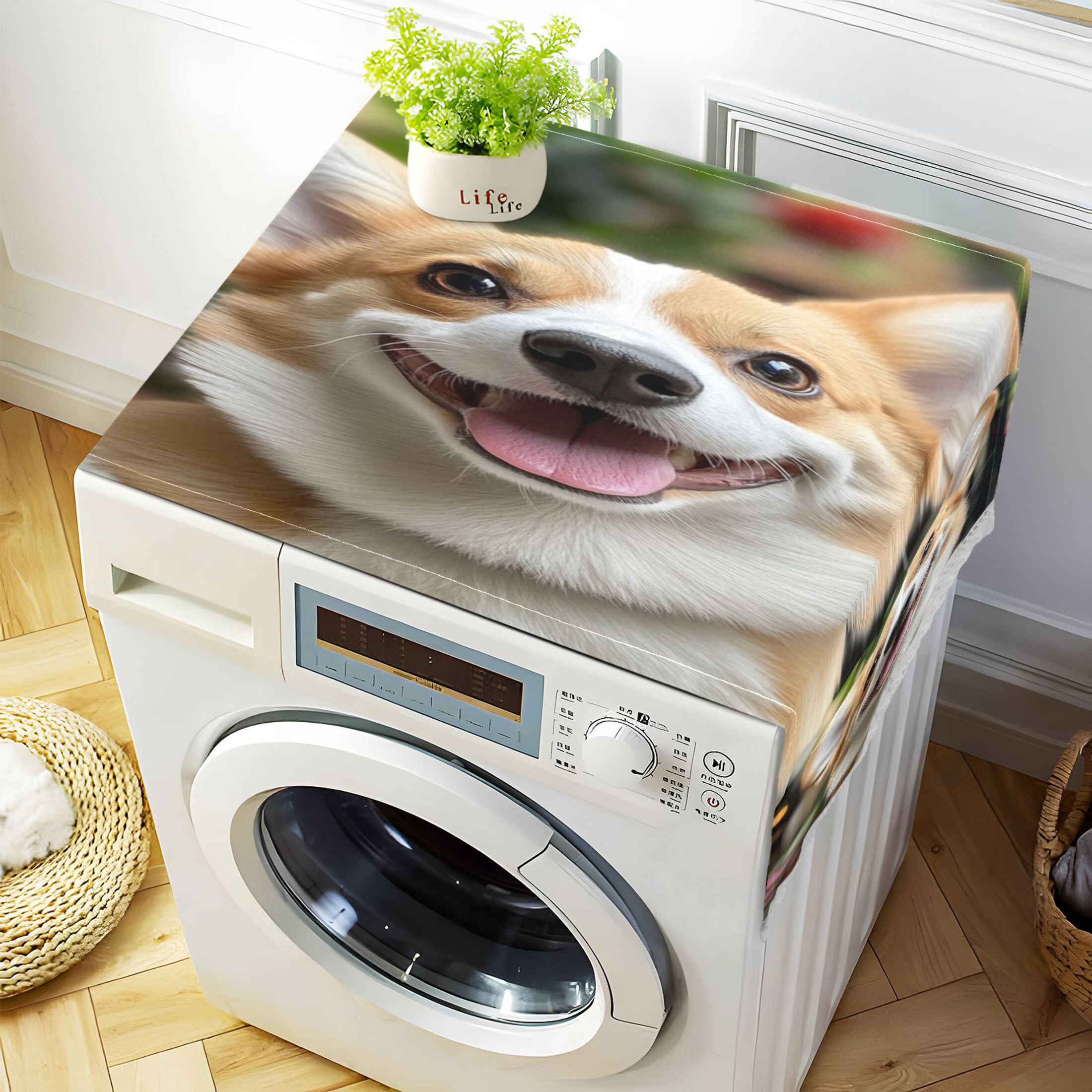 Cute CorgiWasher and Dryer Covers Dust-Proof and Oil Resistant Fridge Cover with 4 Storage Pockets Washing Machine Top Cover for Laundry Kitchen Home 51.2 x 22 In
