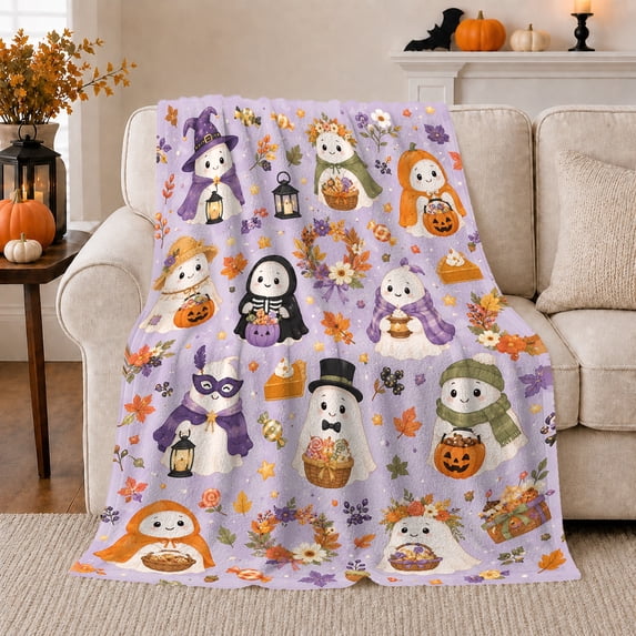 Cute Costumed Ghosts with Pumpkins Candy Baskets Lanterns and Flowers, Playful Whimsical Style for Spooky Season Fans, Soft Flannel Blanket for Playroom and Bedroom, Halloween Gift, Home Decor