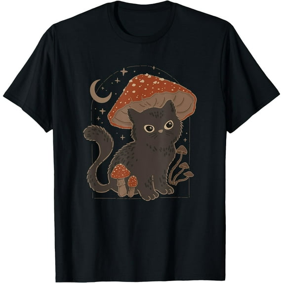 Cute Cottagcore Cat Mushroom Hat Vintage Grunge Aesthetic Unisex T-Shirt for Men Women Kids Toddler,Black Color,Size YM