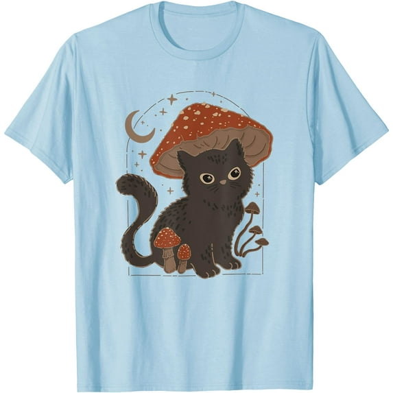 Cute Cottagcore Cat Mushroom Hat Vintage Grunge Aesthetic Unisex T-Shirt for Men Women Kids Toddler,Light Blue Color,Size 4XL