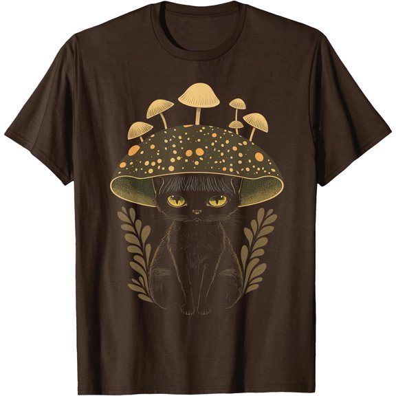 Cute Cottagecore Aesthetic Cat Mushroom Unisex T-Shirt for Men Women Kids Toddler,Dark Chocolate Color,Size YXS