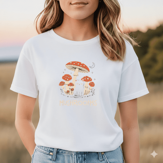 Cute Cottagecore Aesthetic Cat Mushroom Whimsical Forestcore Art Unisex T-Shirt, up to size 5XL