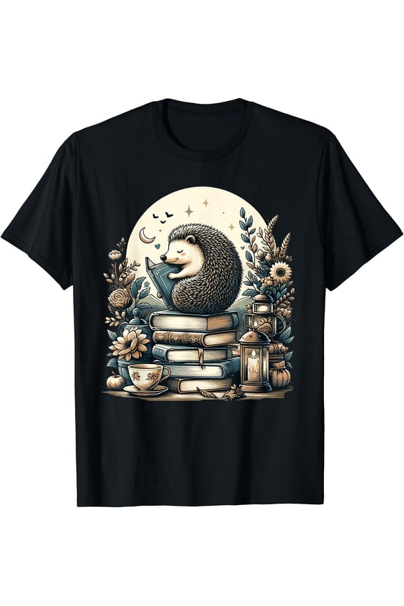 Cute Cottagecore Aesthetic Hedgehog Reading Book Nerd T-Shirt