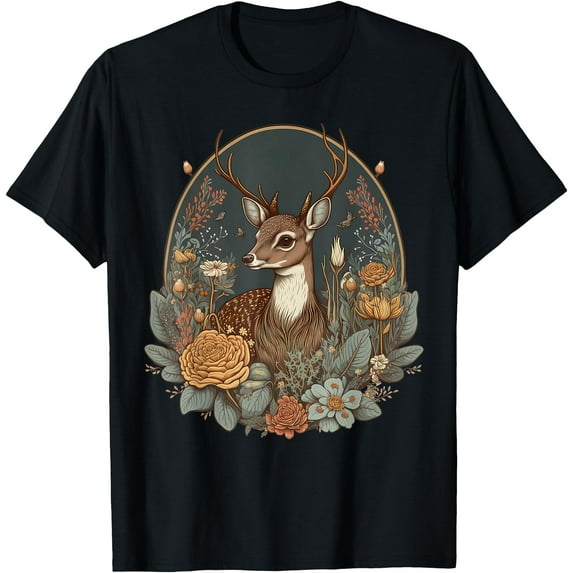Cute Cottagecore Floral Deer Aesthetic Softstyle Unisex T-Shirt,Black Color,Size YXL