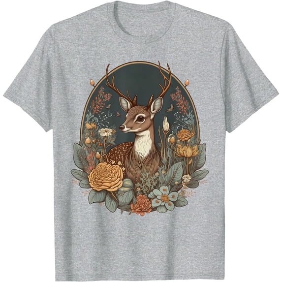 Cute Cottagecore Floral Deer Aesthetic Softstyle Unisex T-Shirt,Sport Grey Color,Size 5-6T