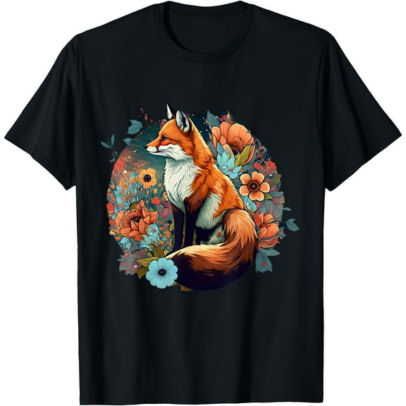 Cute Cottagecore Floral Fox Aesthetic Girls Graphic Unisex T-Shirt for Men Women Kids,Black Color,Size M