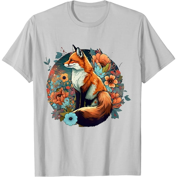 Cute Cottagecore Floral Fox Aesthetic Girls Graphic Unisex T-Shirt for Men Women Kids,Ice Grey Color,Size XL