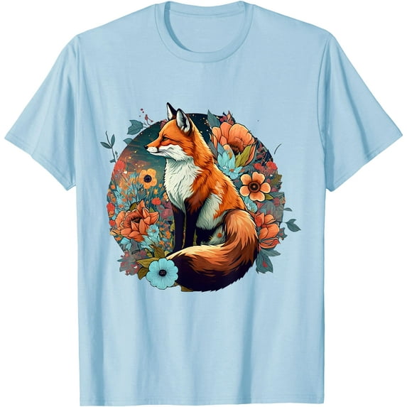 Cute Cottagecore Floral Fox Aesthetic Girls Graphic Unisex T-Shirt for Men Women Kids,Light Blue Color,Size YXL