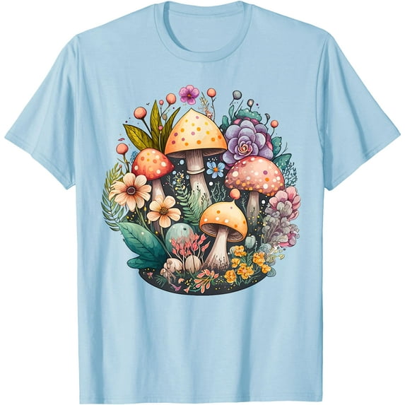 Cute Cottagecore Floral mushroom Aesthetic Graphic Unisex T-Shirt for Men Women Kids Toddler,Light Blue Color,Size 5XL