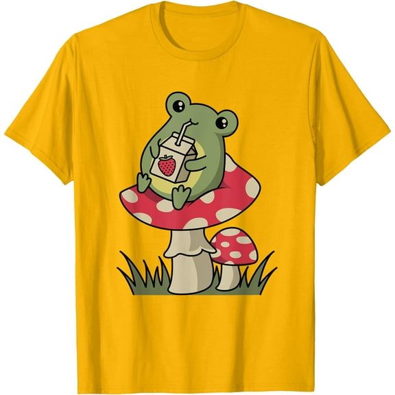 Cute Cottagecore Frog Drinking Strawberry Milk on Mushroom Unisex T-Shirt for Men Women Kids Toddler,Gold Color,Size 4XL