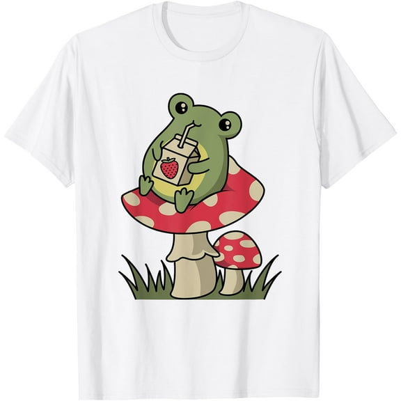 Cute Cottagecore Frog Drinking Strawberry Milk on Mushroom Unisex T-Shirt for Men Women Kids Toddler,White Color,Size M