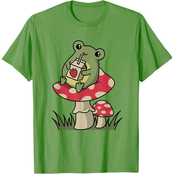Cute Cottagecore Frog Drinking Strawberry Milk on Mushroom Unisex T-Shirt for Men Women Kids Toddler