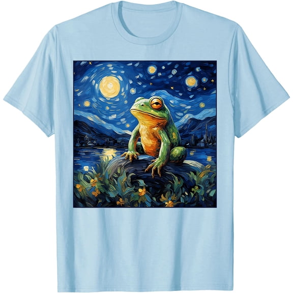 Cute Cottagecore Van Gogh Starry Night Frog Aesthetic Gifts Unisex T-Shirt for Men Women Kids Toddler,Light Blue Color,Size YXS
