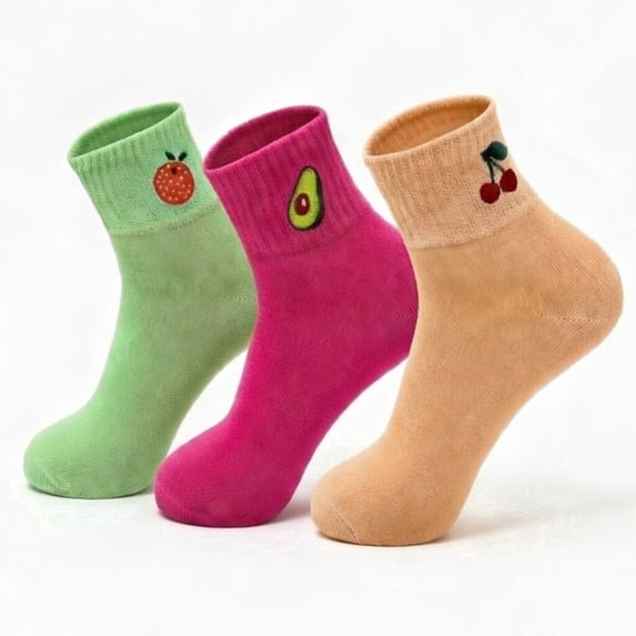 Women’s Cotton Ankle Socks 3 Pack Cute Fruit Embroidered Soft Breathable Casual Socks Size 6-10 (Style 1)