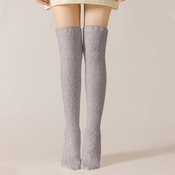 Cute Cotton Crew Sock New Women's Solid Color Coralline Breathable Winter Warm Thigh-High Socks Style B-77 Gray One Size