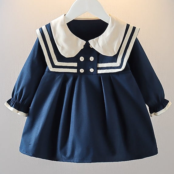 Cute Cotton Dresses for Little Girls 6M-4Y Toddlers Kids Long Sleeve Doll-Collar Color-Block Pullover School Uniform Dress