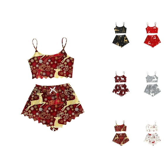 Cute Cotton Pajamas for Women – Summer Set Women's Christmas Reindeer Print Sleeveless Top & Shorts Sleepwear Set 2 Piece Loungewear Pajamas