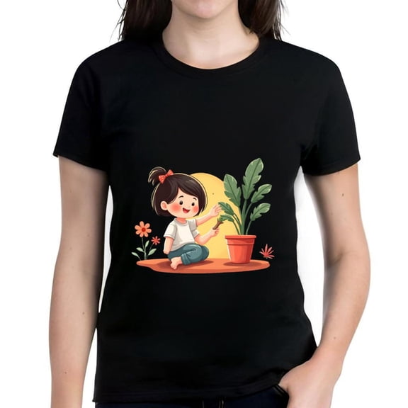 Cute Cotton Short Sleeve T-Shirt Girl Kneeling with Potted Plant White Shirt & Blue Red Bow Yellow Sun & Flowers Design
