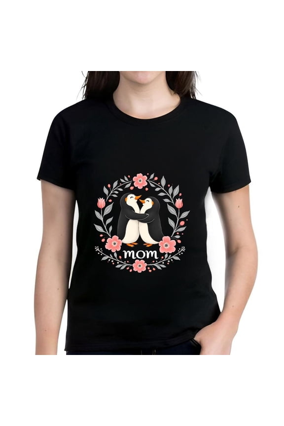 Cute Cotton Short Sleeve T-Shirt with Colorful Penguin Design Surrounded by Floral Wreath - Perfect Gift for Mom