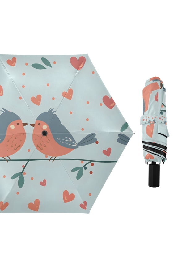 Cute Couple Birds and Heart Compact Sun Umbrella Windproof Travel Umbrellas for Rain Strong Portable UV Protection