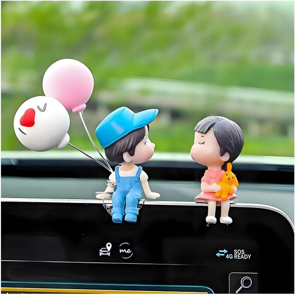 Cute Couple Car Dashboard Decorations, Lovely Couple Kiss Cartoon Figurines Car Ornament, Resin Material Boy Girl Car Interior Decoration with Balloon for Car Dashboard Gifts (Gray)