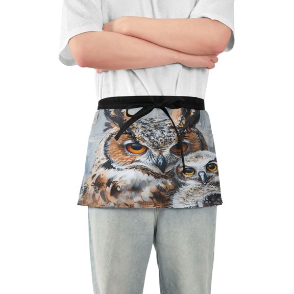 Cute Couple Owl Server Apron with 3 Pockets Waterproof Waitress Waist Short Apron for Man Woman 12 Inches