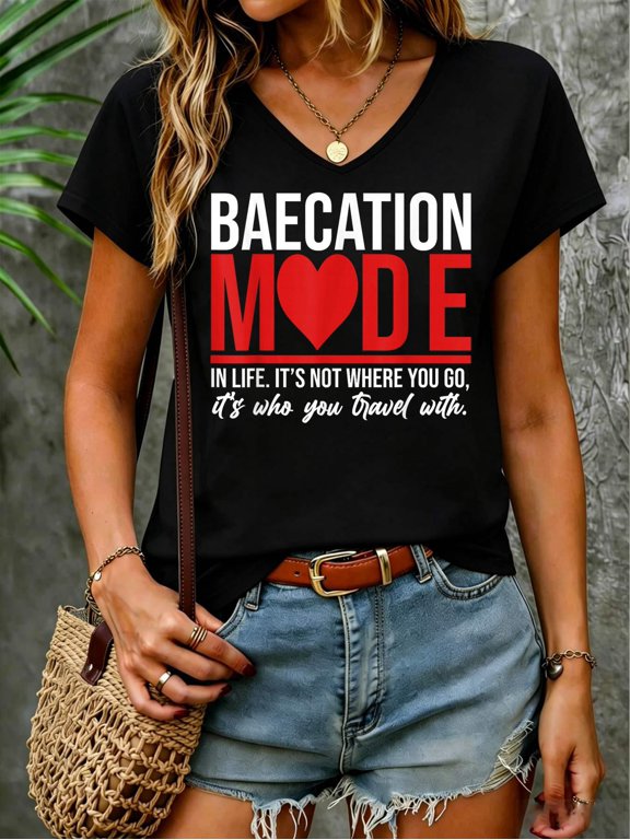 Cute Couples Trip Matching Vacation Baecation Vibes Gifts V Neck T-Shirt Small Cotton Women's V Neck Graphic Tee, Casual Short Sleeve Shirt,Vacation Outfit