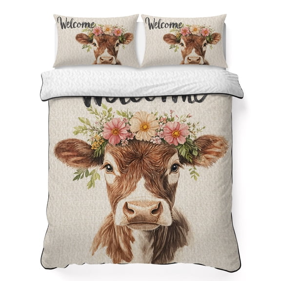 Cute Cow 3 Piece Quilt Bedding Set with 2 Pillow Shams, Welcome Lightweight Bedspread Coverlet, Soft Breathable All Season Quilt, 79 x 90 Inch