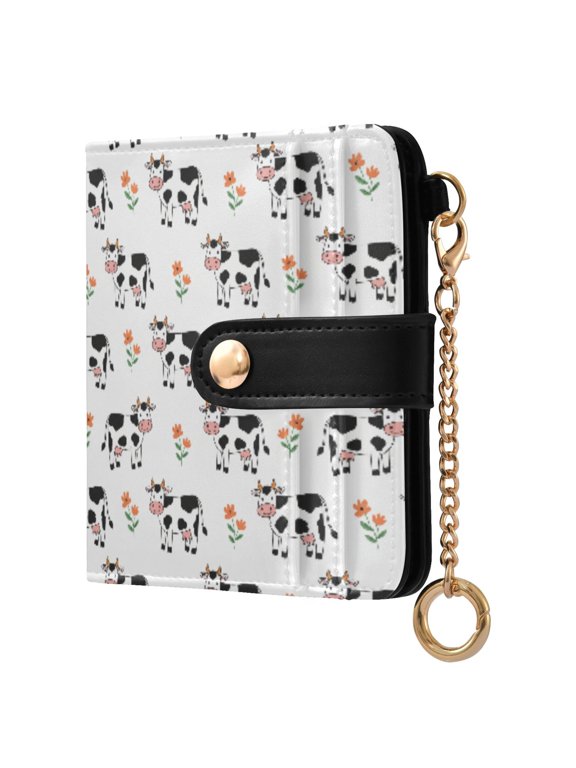 Cute Cow Animal Small Wallet for Women RFID Blocking Bifold PU Leather Credit Card Holder with Zipper Coin Pocket Compact Cute Travel Purse Magnetic Snap 7 Card Slots