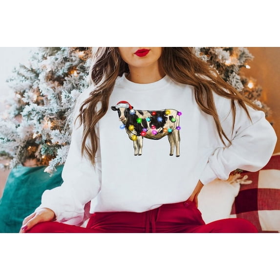 Cute Cow Christmas Sweatshirt, Merry Christmoos, 2024 Happy New Year, Christmas Gift, Christmas Light