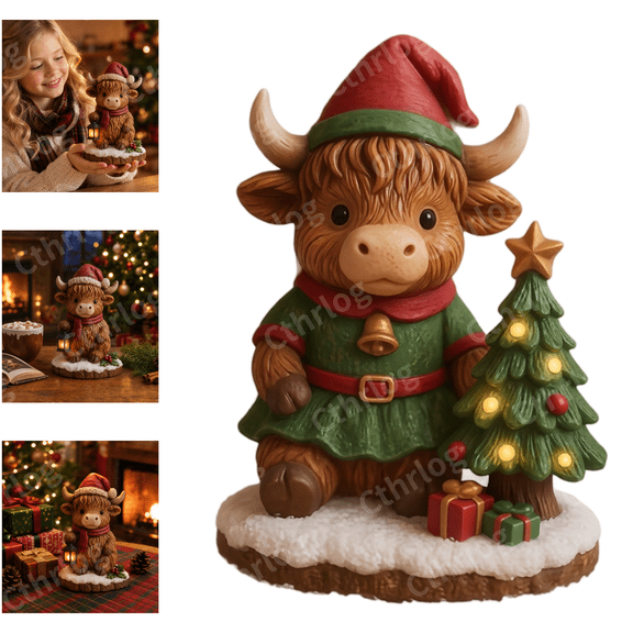 Cute Cow Christmas Tree Light-Up Figurine, Christmas Decorations Indoor, Resin LED Highland Cow Statue, Festive Holiday Christmas Decor for Home and Yard-Green