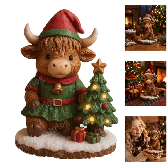 Cute Cow Christmas Tree Light-Up Figurine, Resin Holiday Cow Statue, Christmas Decorations Indoor, Festive Decoration for Home and Yard, Christmas Decor for Tabletop -Green