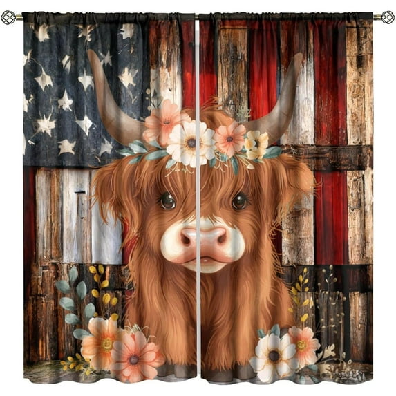 Cute Cow Curtains, Western Vintage American Flag Highland Cow Rustic Farmhouse Print Blackout Rod Pocket Window Treatments Drapes for Bedroom Living Room 84" W X 84" L