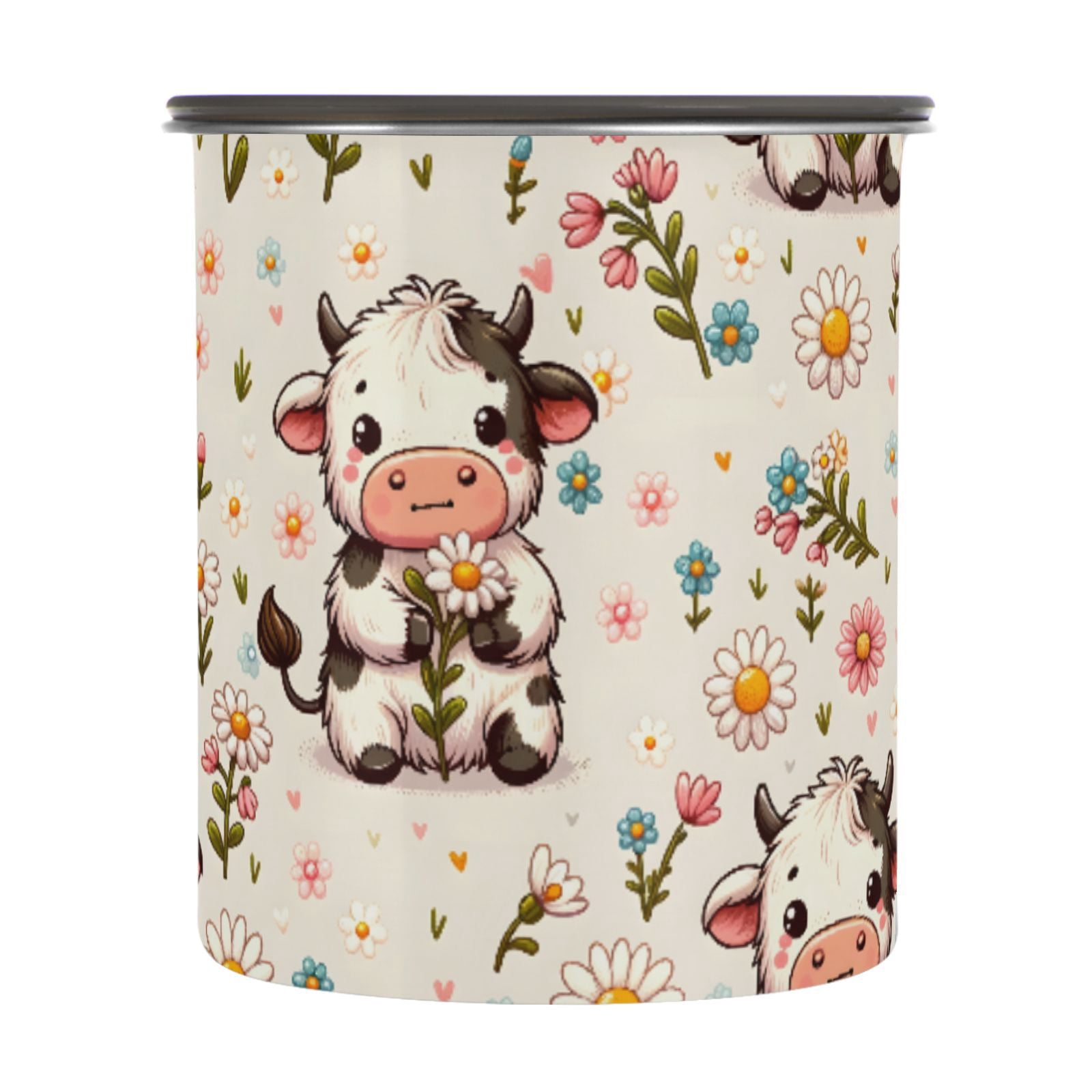 Cute Cow Daisy Flower Airtight Coffee Bean Canister 30oz Food Storage Containers with Lids For Gournd, Tea, Sugar, Flour, Rice, Cereal, Candy Cookie Jar