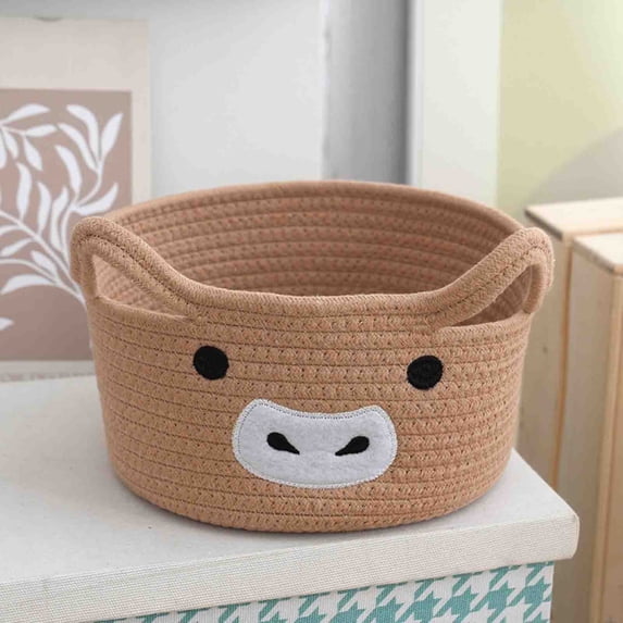 Cute Cow Design Round Woven Rope Storage Basket, With Ears Handles Soft Organizer for Nursery Blanket Towel Memorial Gifts Decorative Storage Basket Shower Gift and Room Organizer, 10*8in, Khaki