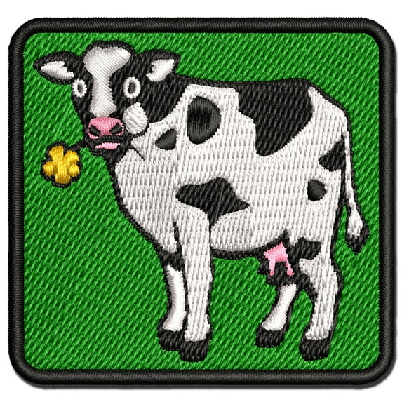Cute Cow Eating Flower Applique Multi-Color Embroidered Iron-On Patch - 3 Inch Medium