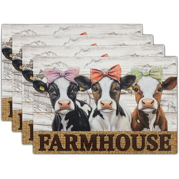 Cute Cow Farmhouse Placemats 4pcs, Farm Animal Tabletop Mat Rustic Style Non-Slip Washable Place Mats 12 x 18 Inch for Holiday Kitchen Dining Decor